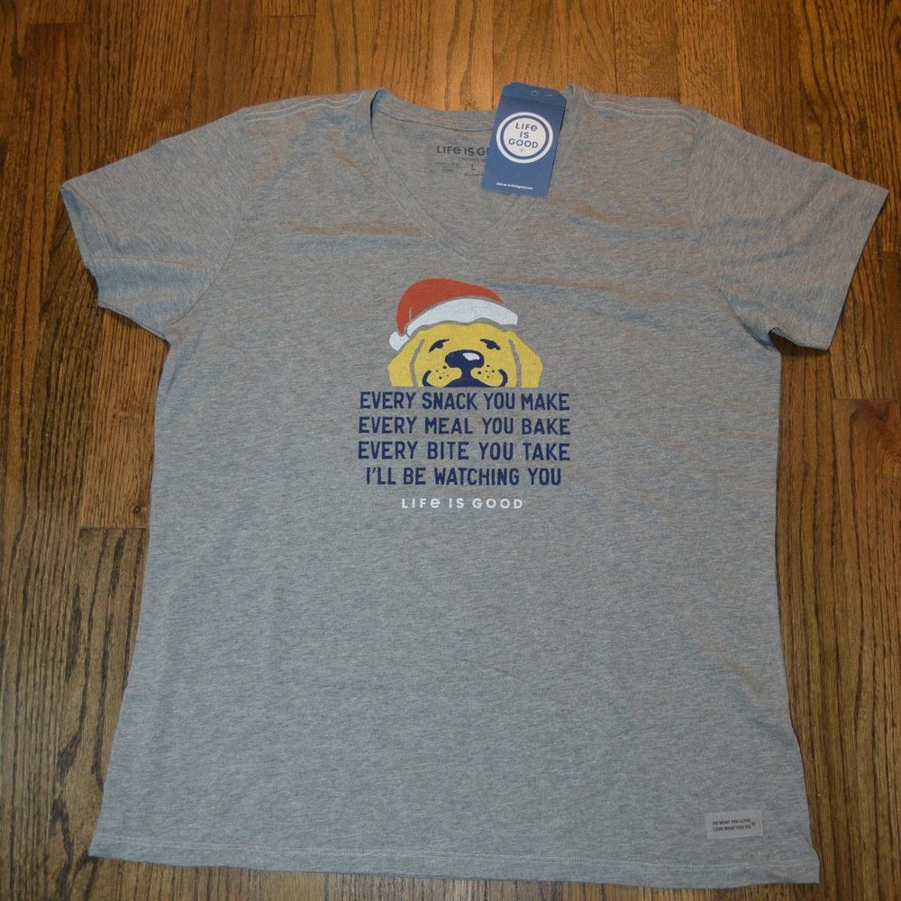 NWT~Life is Good~Womens X-Mas Crusher Tee-Shirt Large~Dog~Every Bite You Take